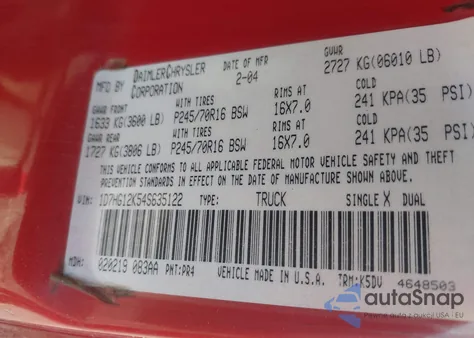 2004 Dodge Dakota из США, поврежденный, VIN 1D7HG12K54S635122